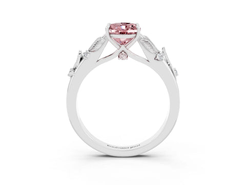White gold Oval Cut Morganite Solitaire Ring with Leaf Motif Band and Four-Prong Setting_3