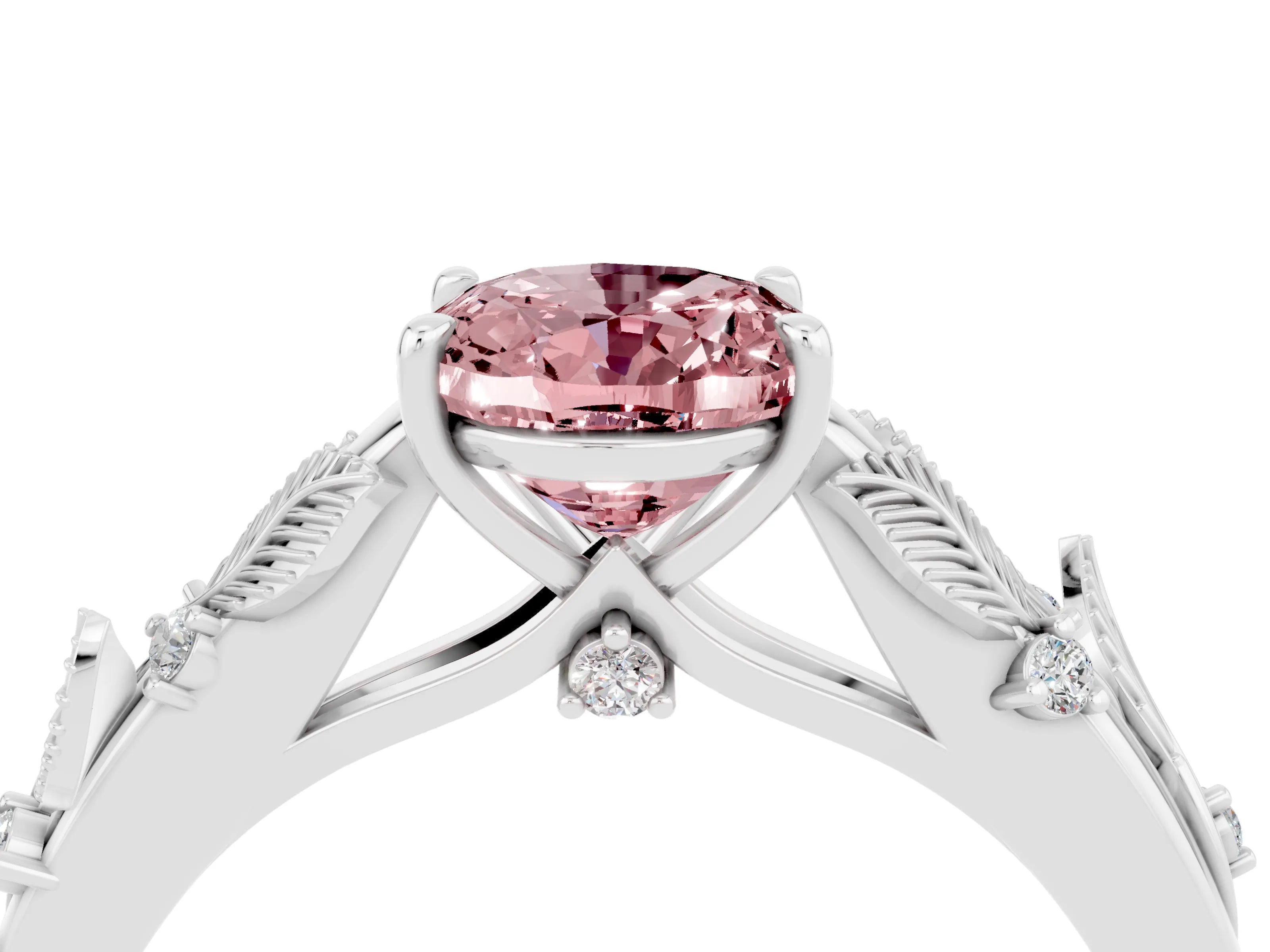 White gold Oval Cut Morganite Solitaire Ring with Leaf Motif Band and Four-Prong Setting_4