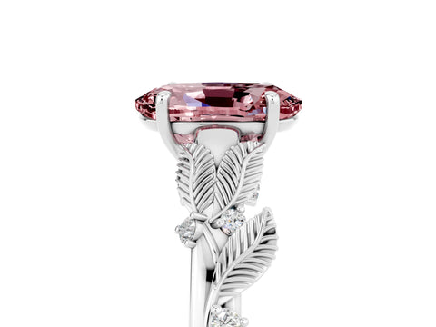 White gold Oval Cut Morganite Solitaire Ring with Leaf Motif Band and Four-Prong Setting_5