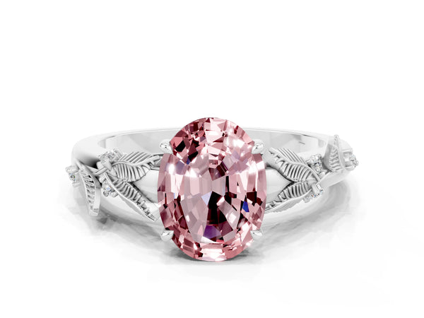 Silver Oval Cut Morganite Solitaire Ring with Leaf Motif Band and Four-Prong Setting
