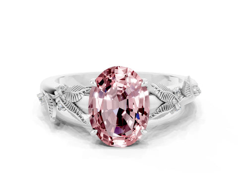 White gold Oval Cut Morganite Solitaire Ring with Leaf Motif Band and Four-Prong Setting