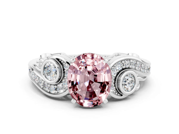 Platinum Oval Cut Morganite Solitaire Ring with Milgrain Pavé Band and Four-Prong Setting