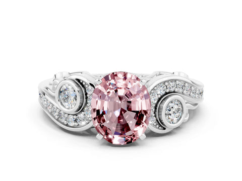 White gold Oval Cut Morganite Solitaire Ring with Milgrain Pavé Band and Four-Prong Setting_12