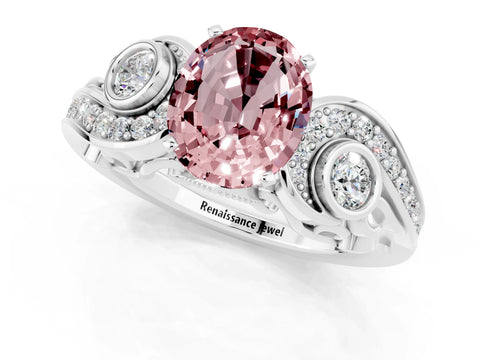 White gold Oval Cut Morganite Solitaire Ring with Milgrain Pavé Band and Four-Prong Setting_13