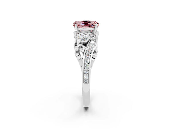 Silver Oval Cut Morganite Solitaire Ring with Milgrain Pavé Band and Four-Prong Setting