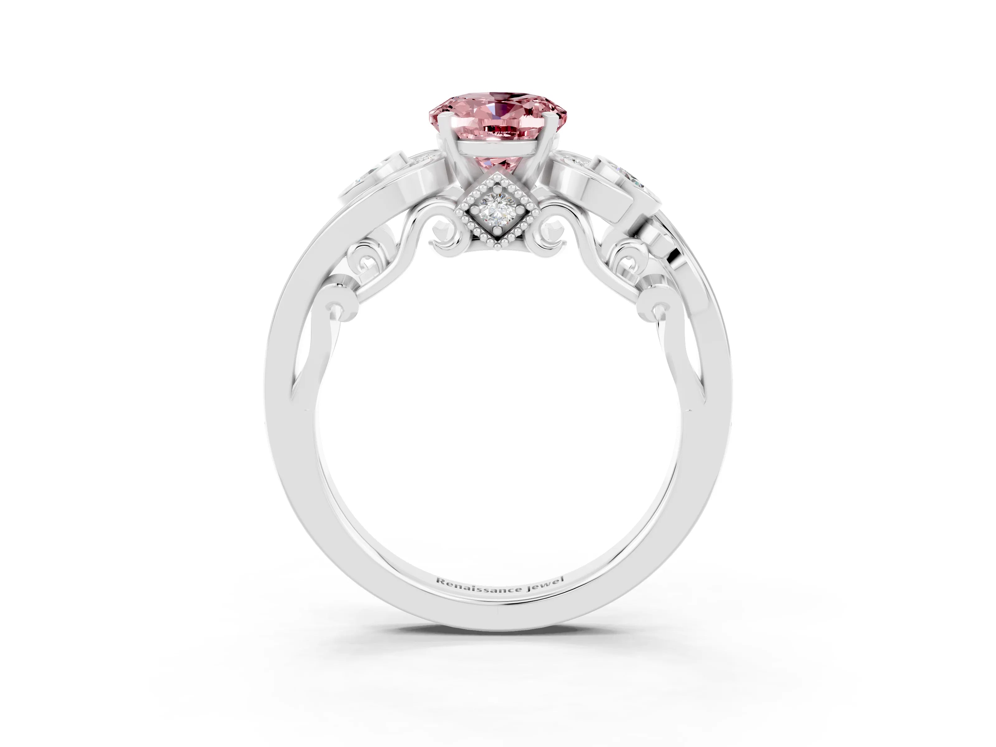 White gold Oval Cut Morganite Solitaire Ring with Milgrain Pavé Band and Four-Prong Setting_15
