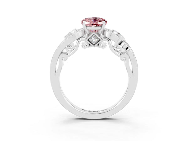 Silver Oval Cut Morganite Solitaire Ring with Milgrain Pavé Band and Four-Prong Setting