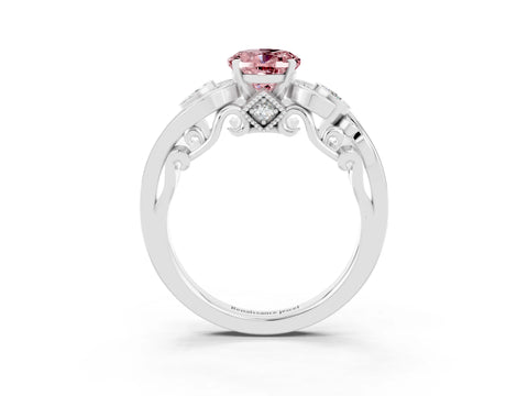 White gold Oval Cut Morganite Solitaire Ring with Milgrain Pavé Band and Four-Prong Setting_15