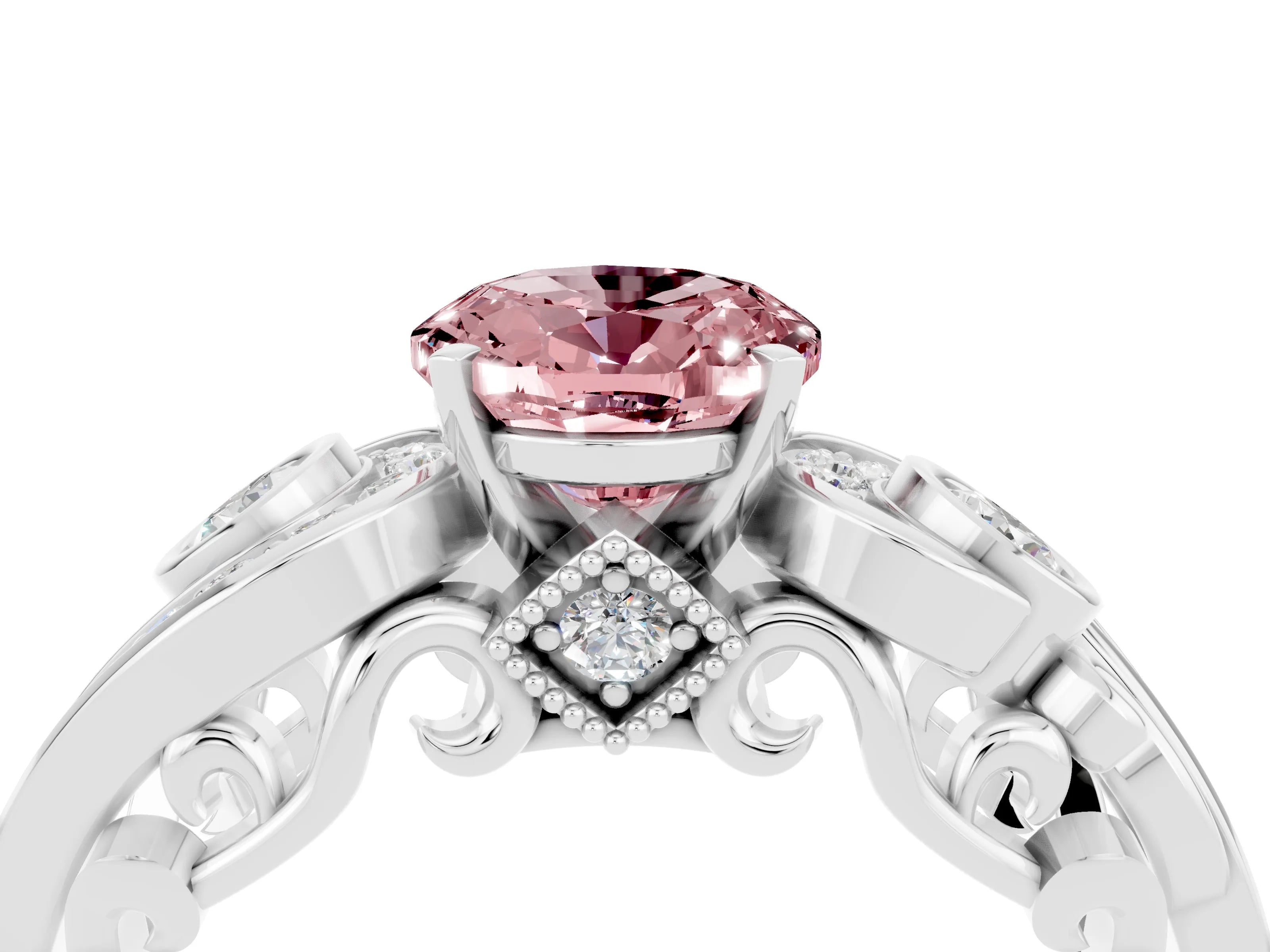 White gold Oval Cut Morganite Solitaire Ring with Milgrain Pavé Band and Four-Prong Setting_16