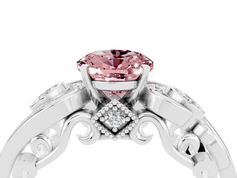 White gold Oval Cut Morganite Solitaire Ring with Milgrain Pavé Band and Four-Prong Setting_16