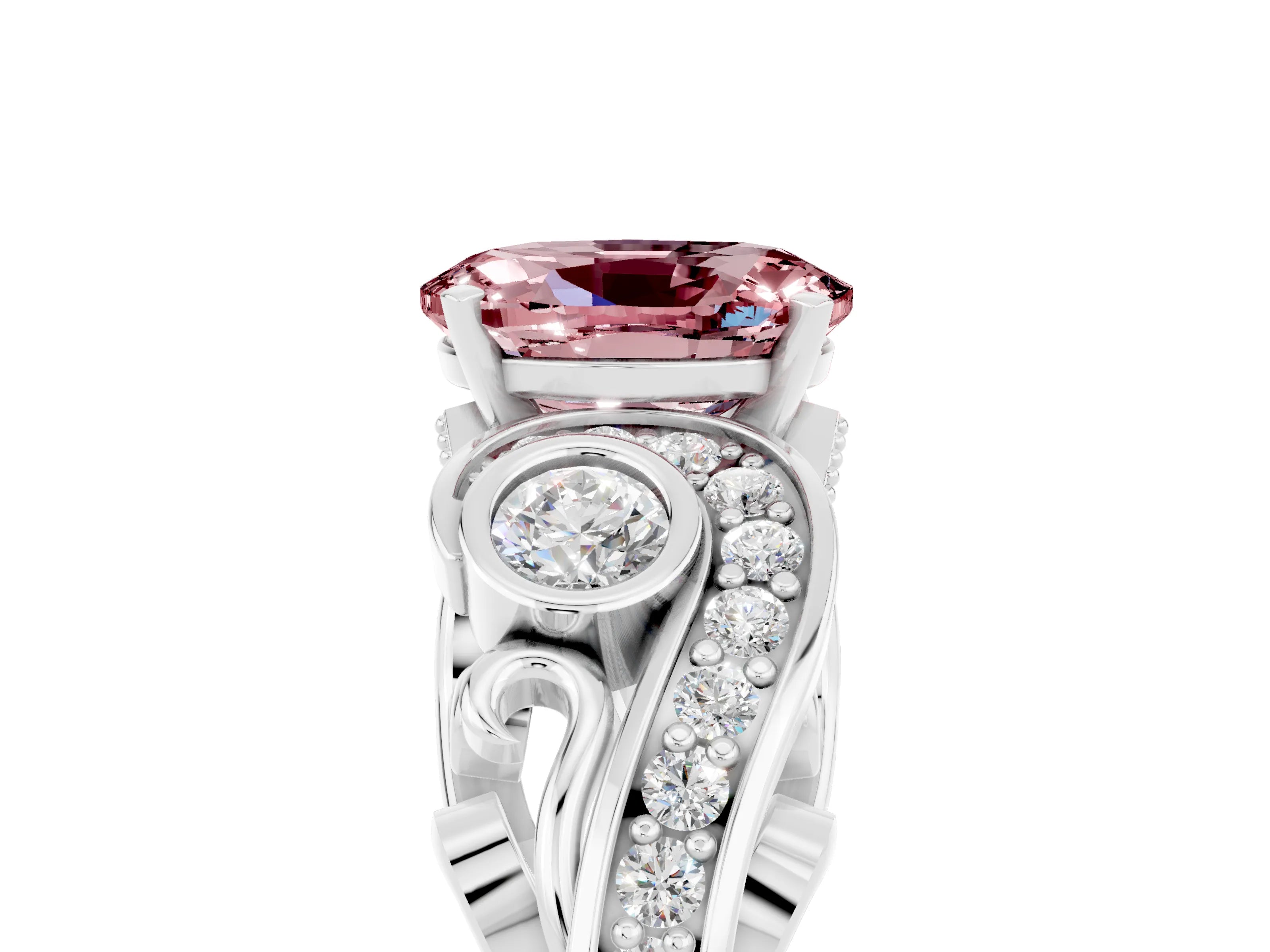White gold Oval Cut Morganite Solitaire Ring with Milgrain Pavé Band and Four-Prong Setting_17