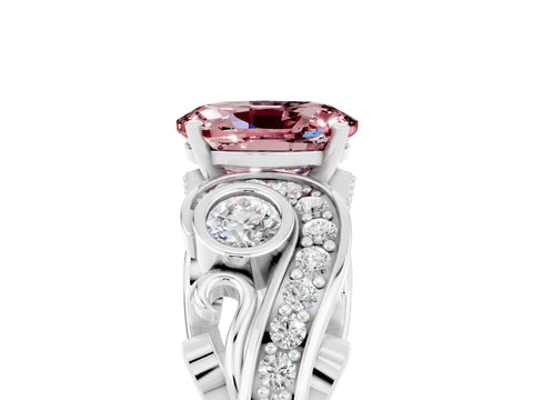 White gold Oval Cut Morganite Solitaire Ring with Milgrain Pavé Band and Four-Prong Setting_17