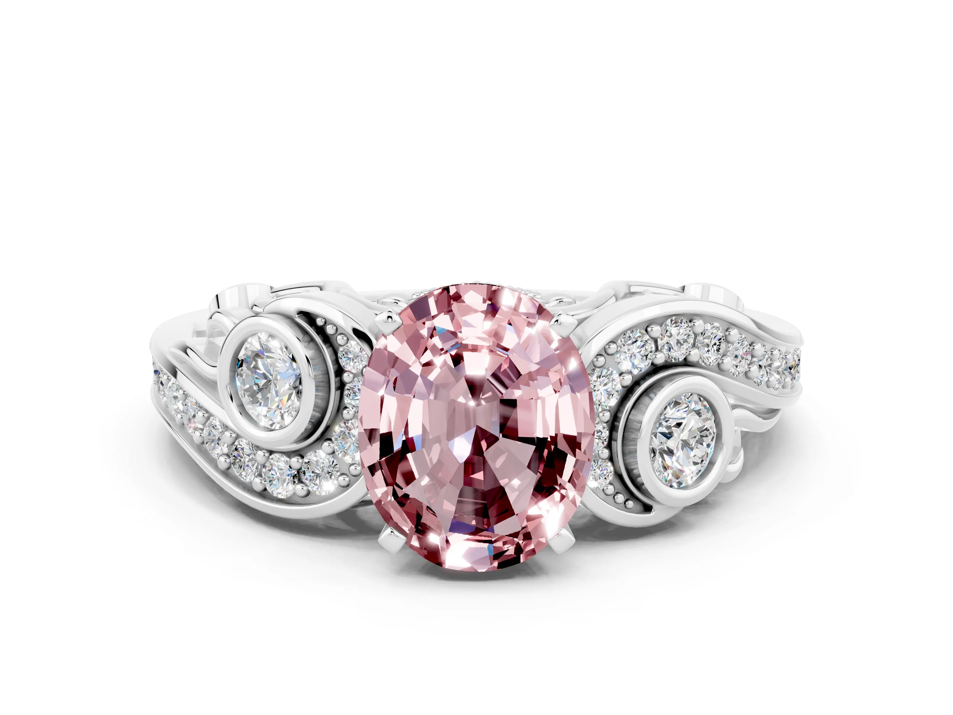 White gold Oval Cut Morganite Solitaire Ring with Milgrain Pavé Band and Four-Prong Setting_48