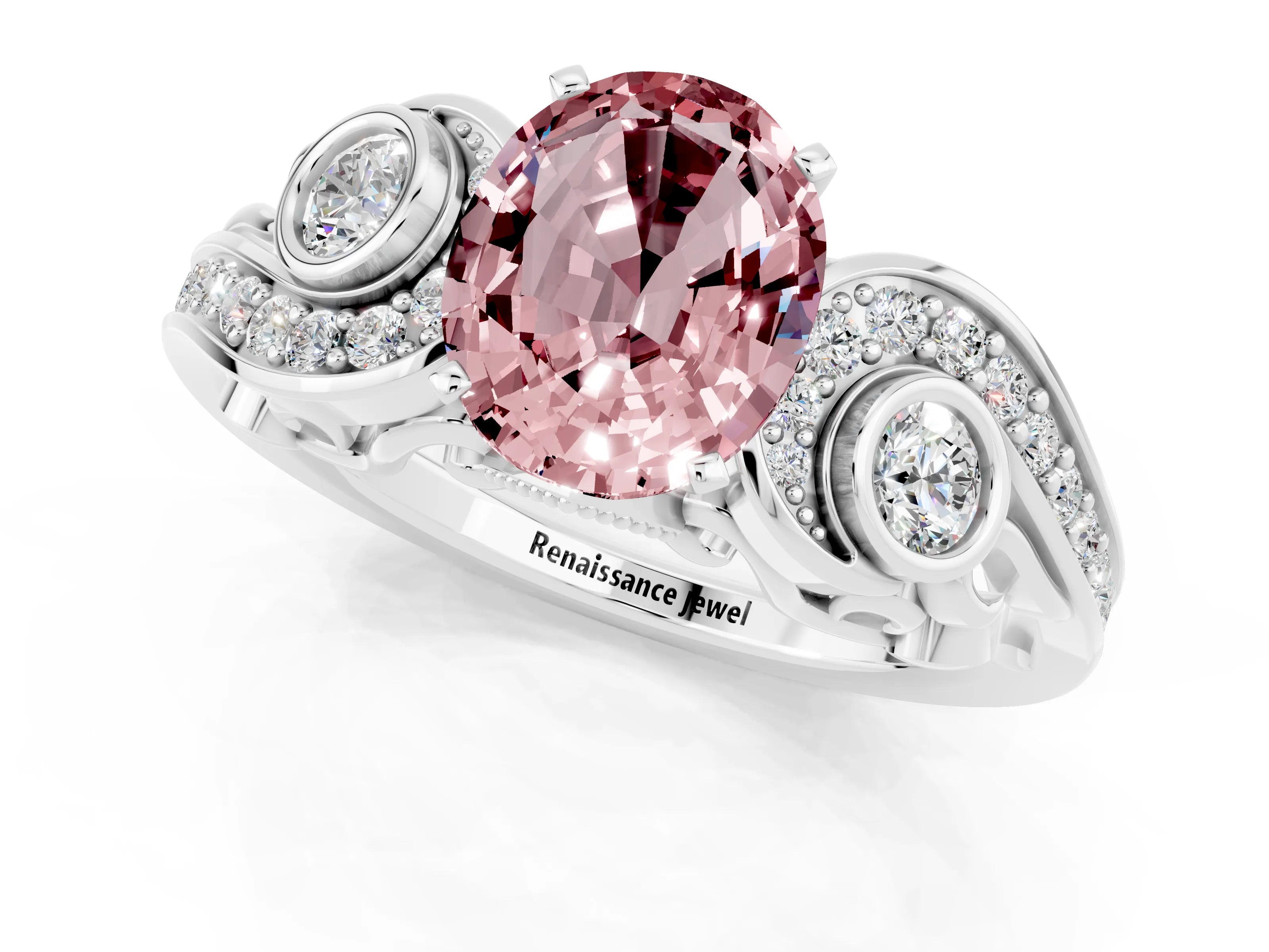 White gold Oval Cut Morganite Solitaire Ring with Milgrain Pavé Band and Four-Prong Setting_49