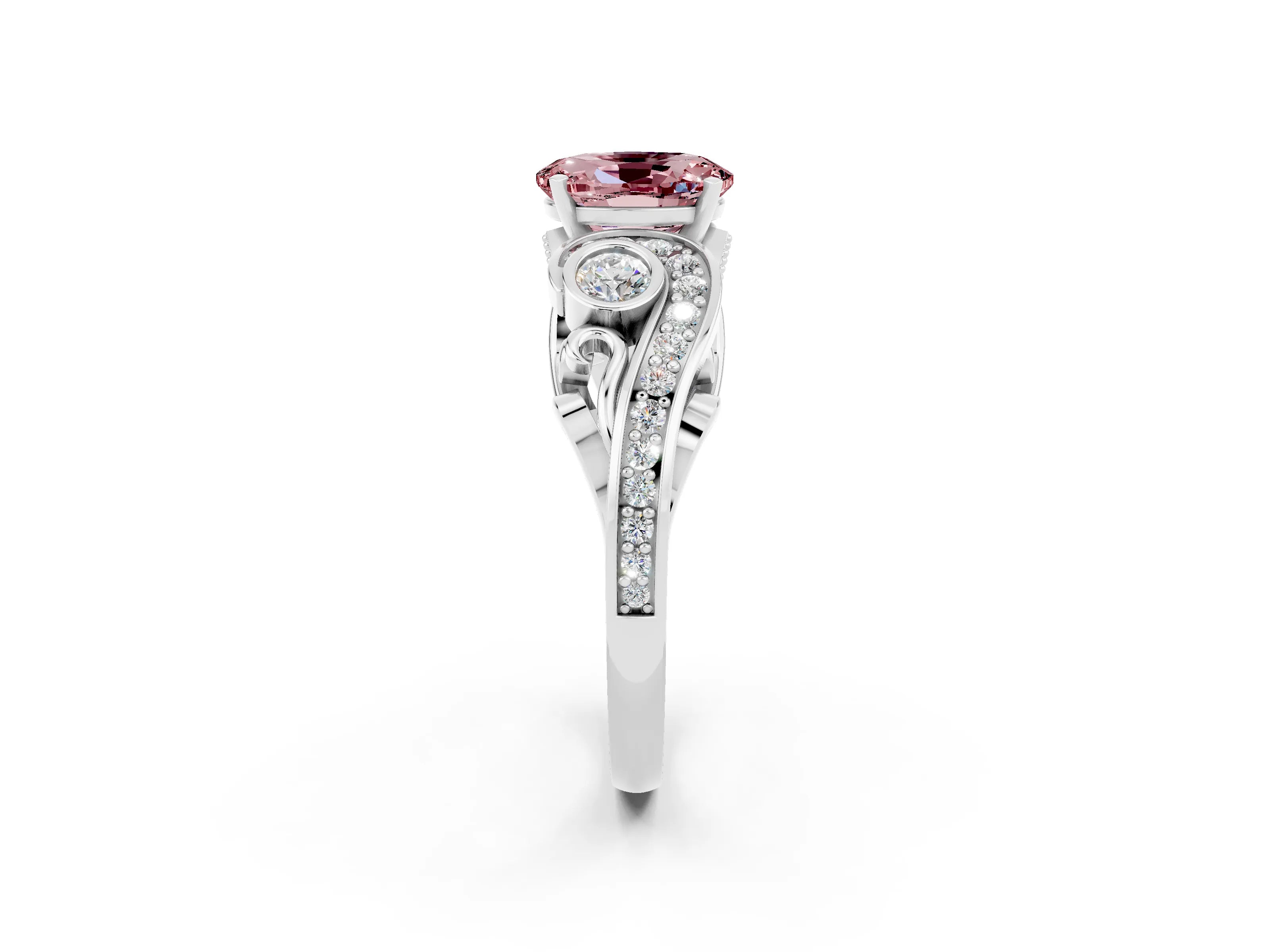 White gold Oval Cut Morganite Solitaire Ring with Milgrain Pavé Band and Four-Prong Setting_50