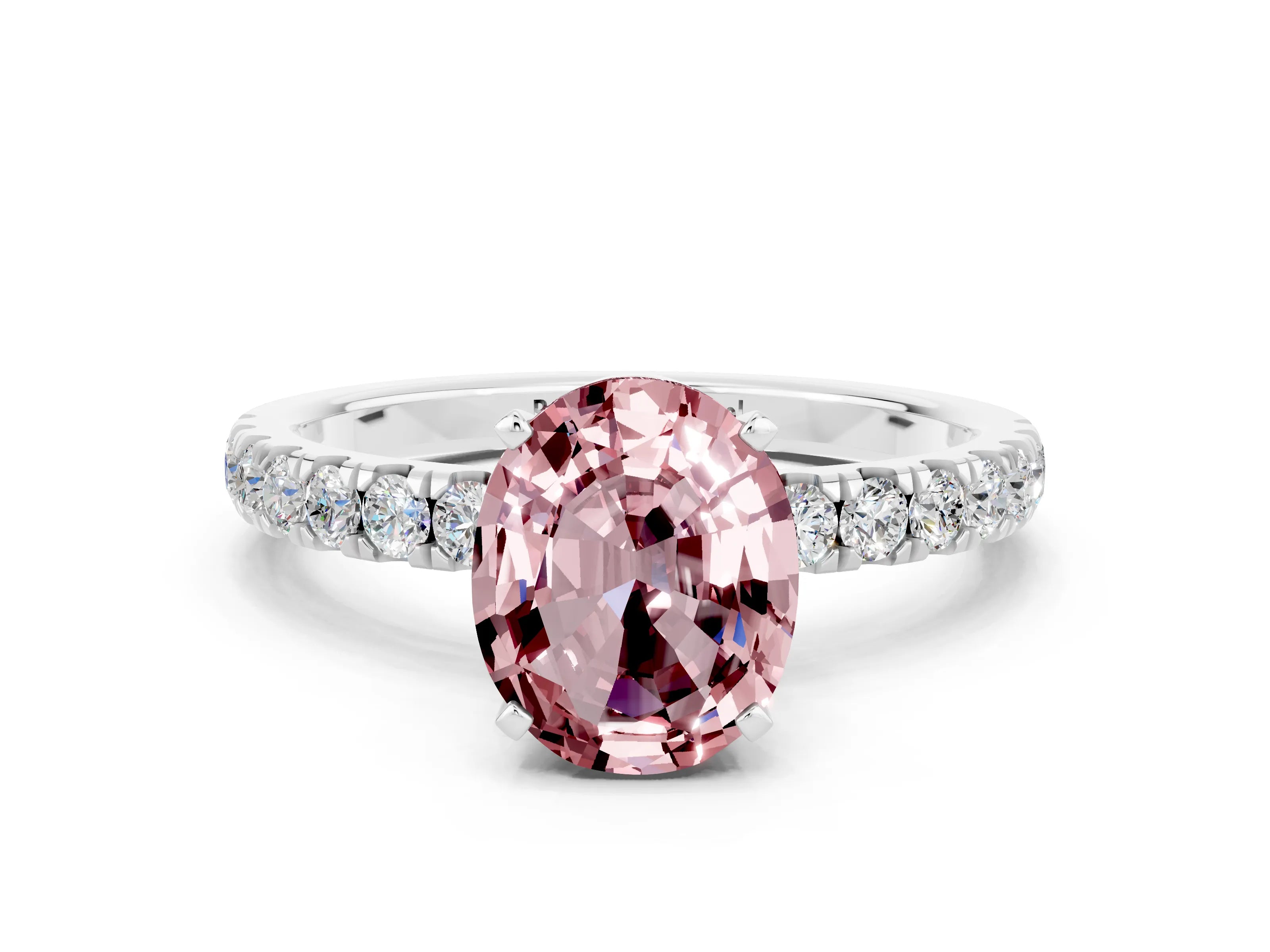 White gold Oval Cut Morganite Solitaire Ring with Pavé Accents and Four-Prong Setting