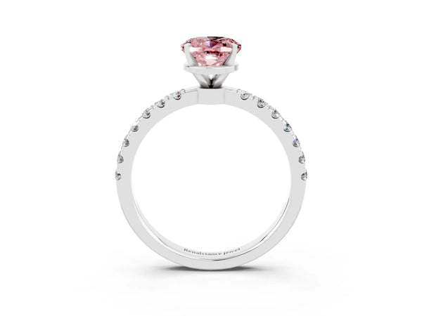 White gold Oval Cut Morganite Solitaire Ring with Pavé Accents and Four-Prong Setting