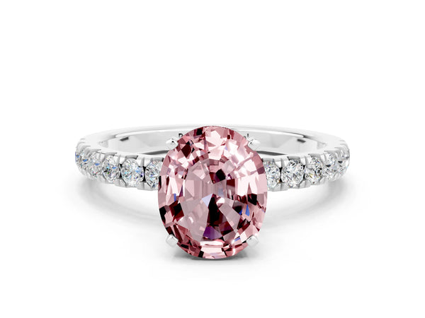 Silver Oval Cut Morganite Solitaire Ring with Pavé Accents and Four-Prong Setting