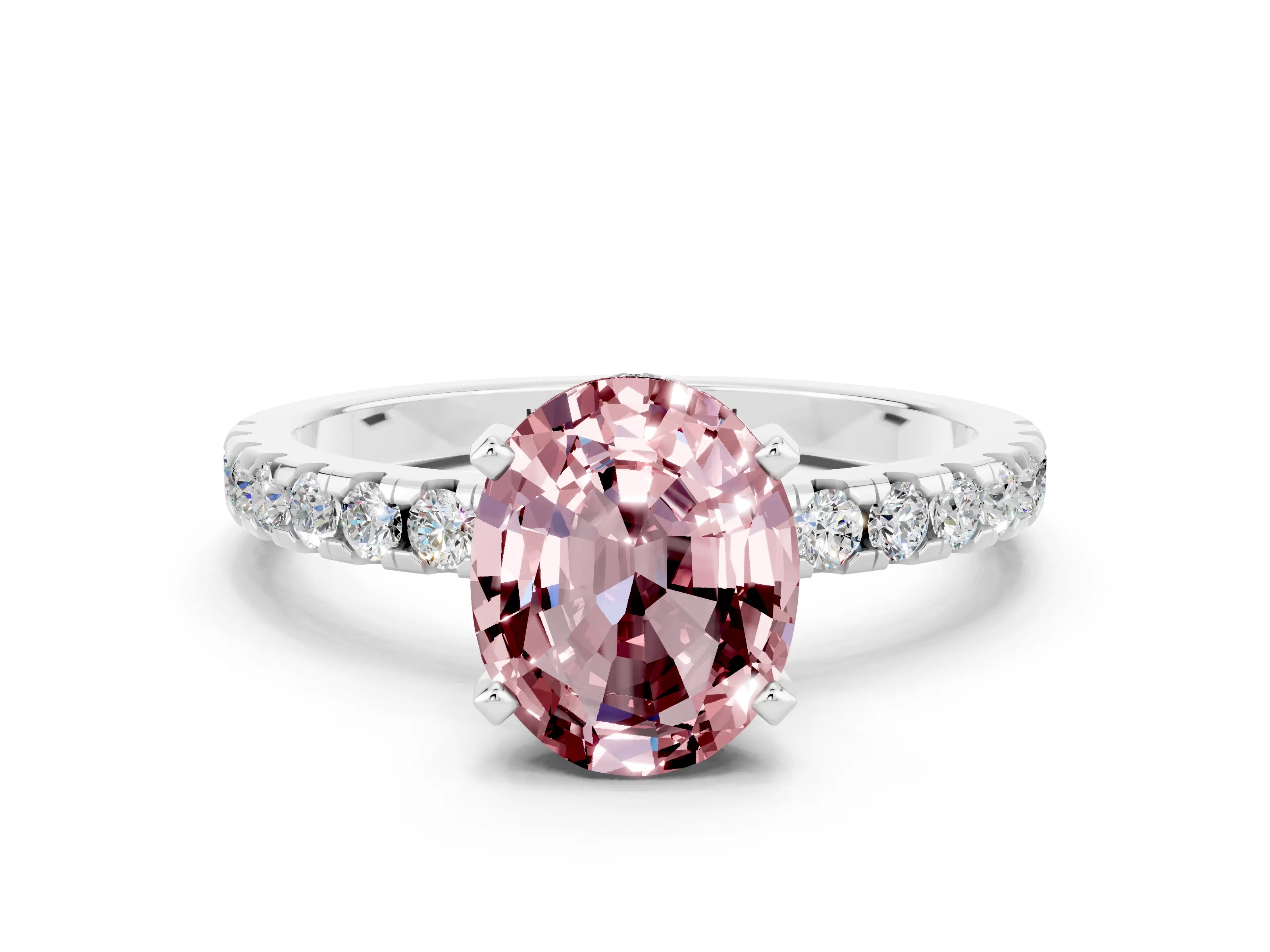 White gold Oval Cut Morganite Solitaire Ring with Pavé Band and Four-Prong Setting_24