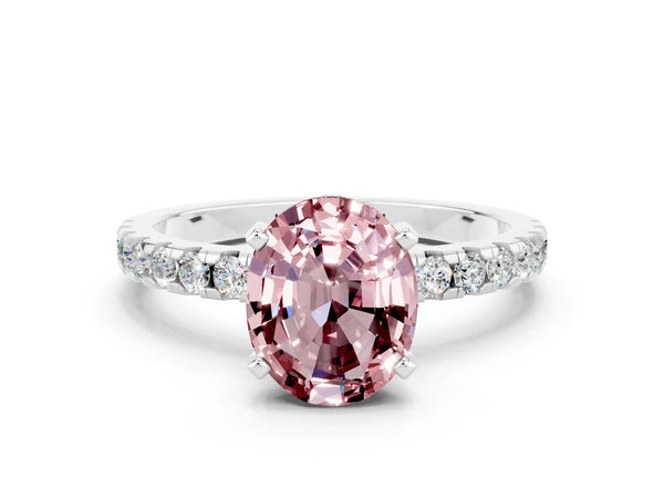 Platinum Oval Cut Morganite Solitaire Ring with Round  Pavé Band and Four-Prong Setting