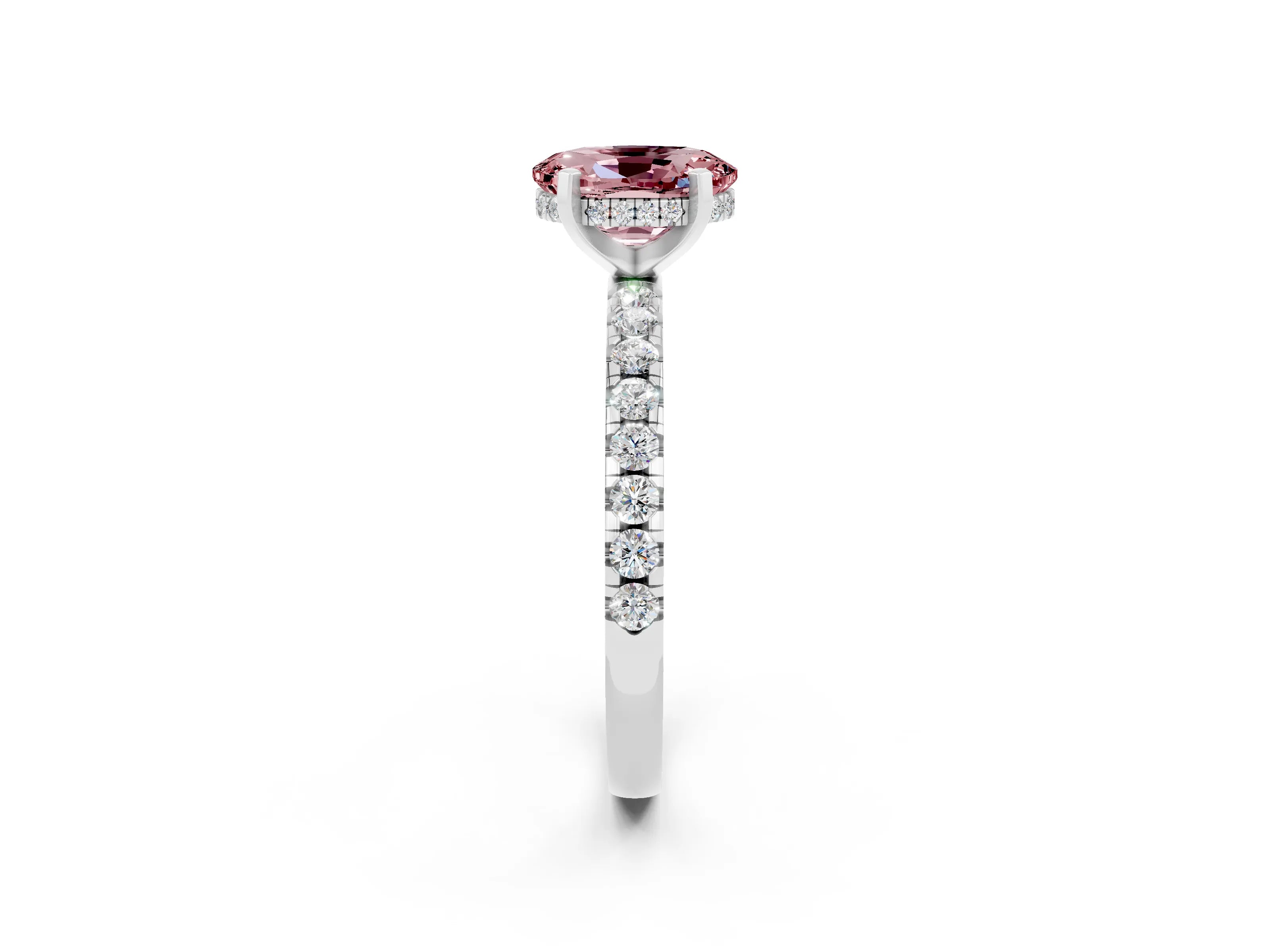 White gold Oval Cut Morganite Solitaire Ring with Pavé Band and Four-Prong Setting_26