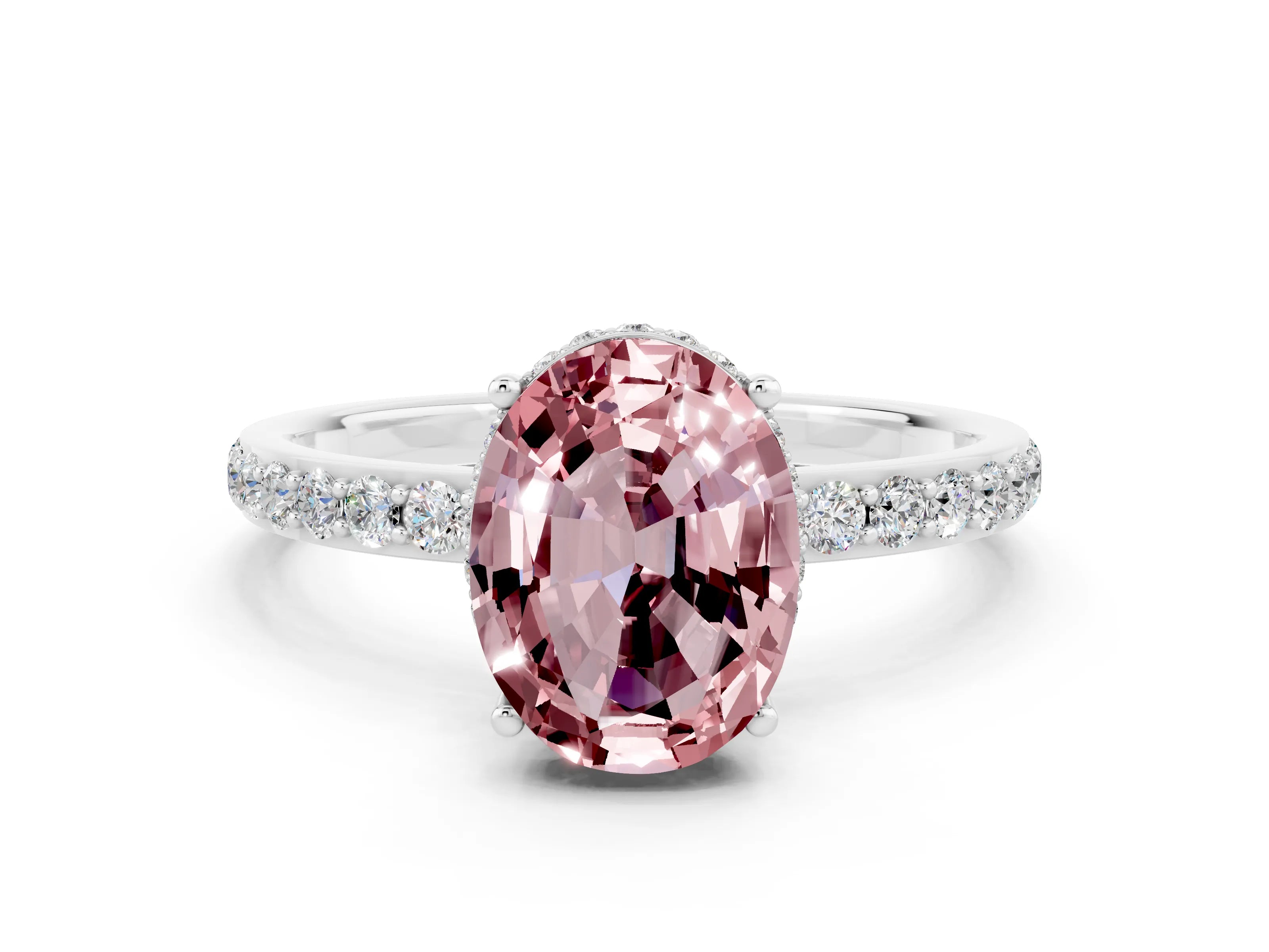 White gold Oval Cut Morganite Solitaire Ring with Pavé Band and Hidden Halo