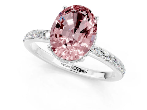 White gold Oval Cut Morganite Solitaire Ring with Pavé Band and Hidden Halo_13