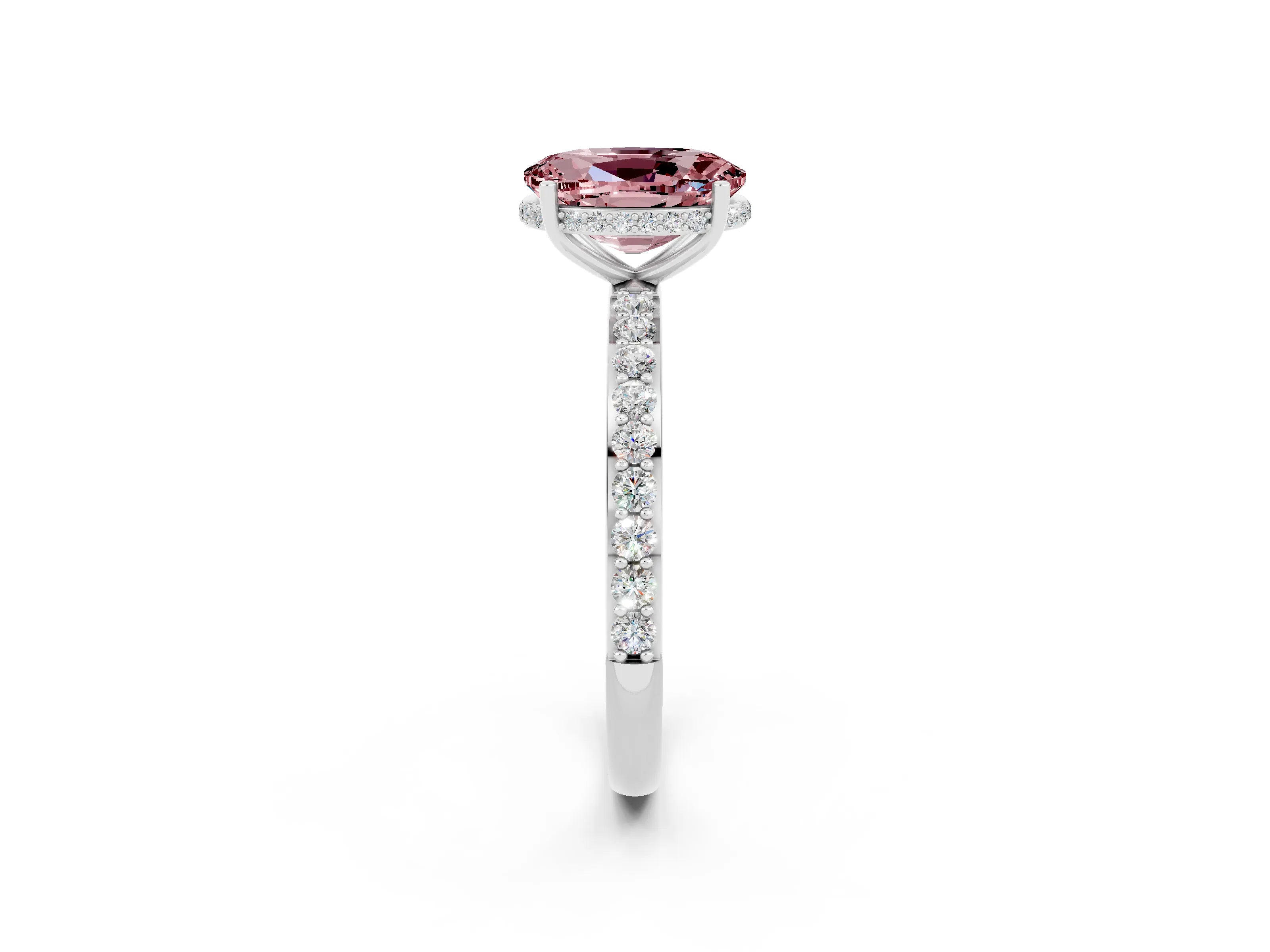 White gold Oval Cut Morganite Solitaire Ring with Pavé Band and Hidden Halo_14