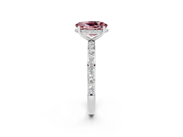 White gold Oval Cut Morganite Solitaire Ring with Pavé Band and Hidden Halo