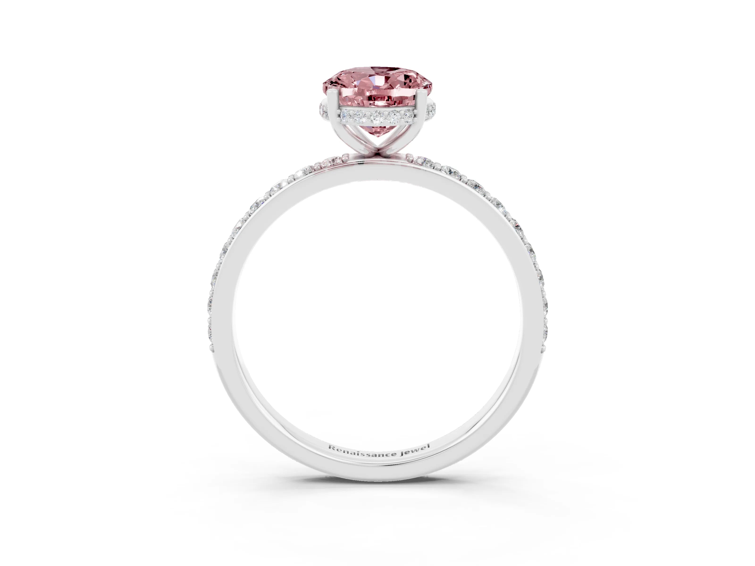 White gold Oval Cut Morganite Solitaire Ring with Pavé Band and Hidden Halo_15