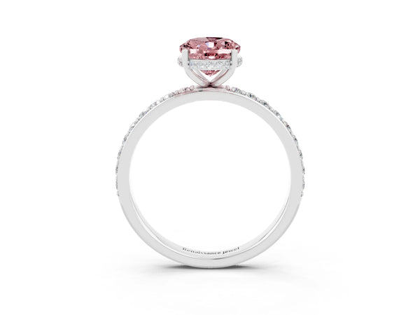 White gold Oval Cut Morganite Solitaire Ring with Pavé Band and Hidden Halo