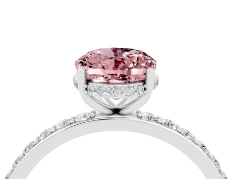 White gold Oval Cut Morganite Solitaire Ring with Pavé Band and Hidden Halo_4