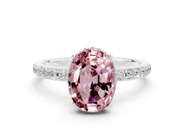 Silver Oval Cut Morganite Solitaire Ring with Pavé Band and Hidden Halo