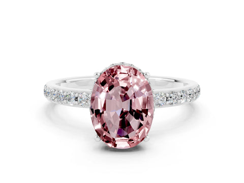 White gold Oval Cut Morganite Solitaire Ring with Pavé Band and Hidden Halo