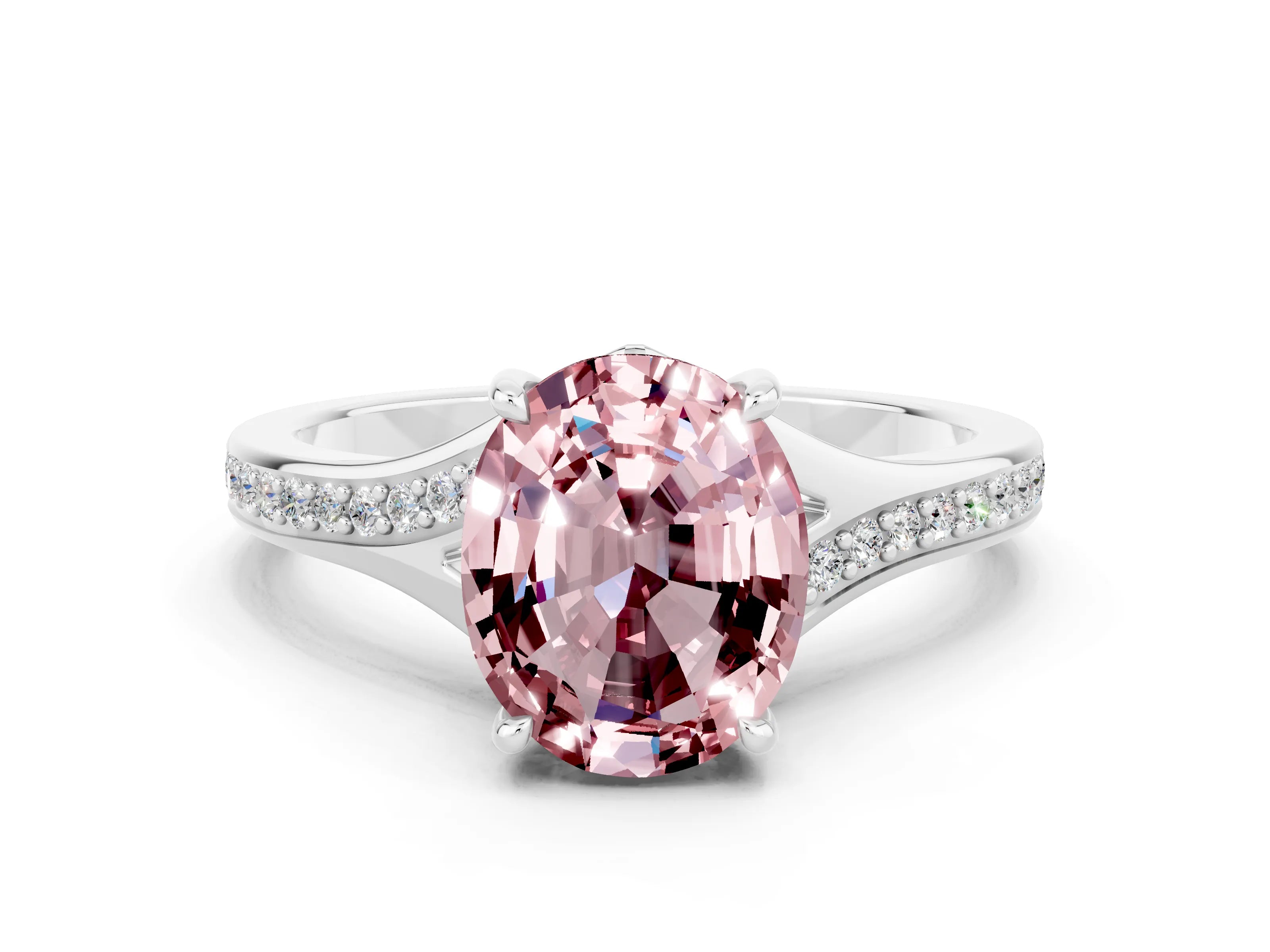 White gold Oval Cut Morganite Solitaire Ring with Pavé Band and Prong Setting