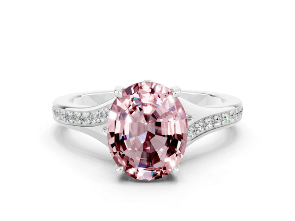 Platinum Oval Cut Morganite Solitaire Ring with Pavé Band and Prong Setting