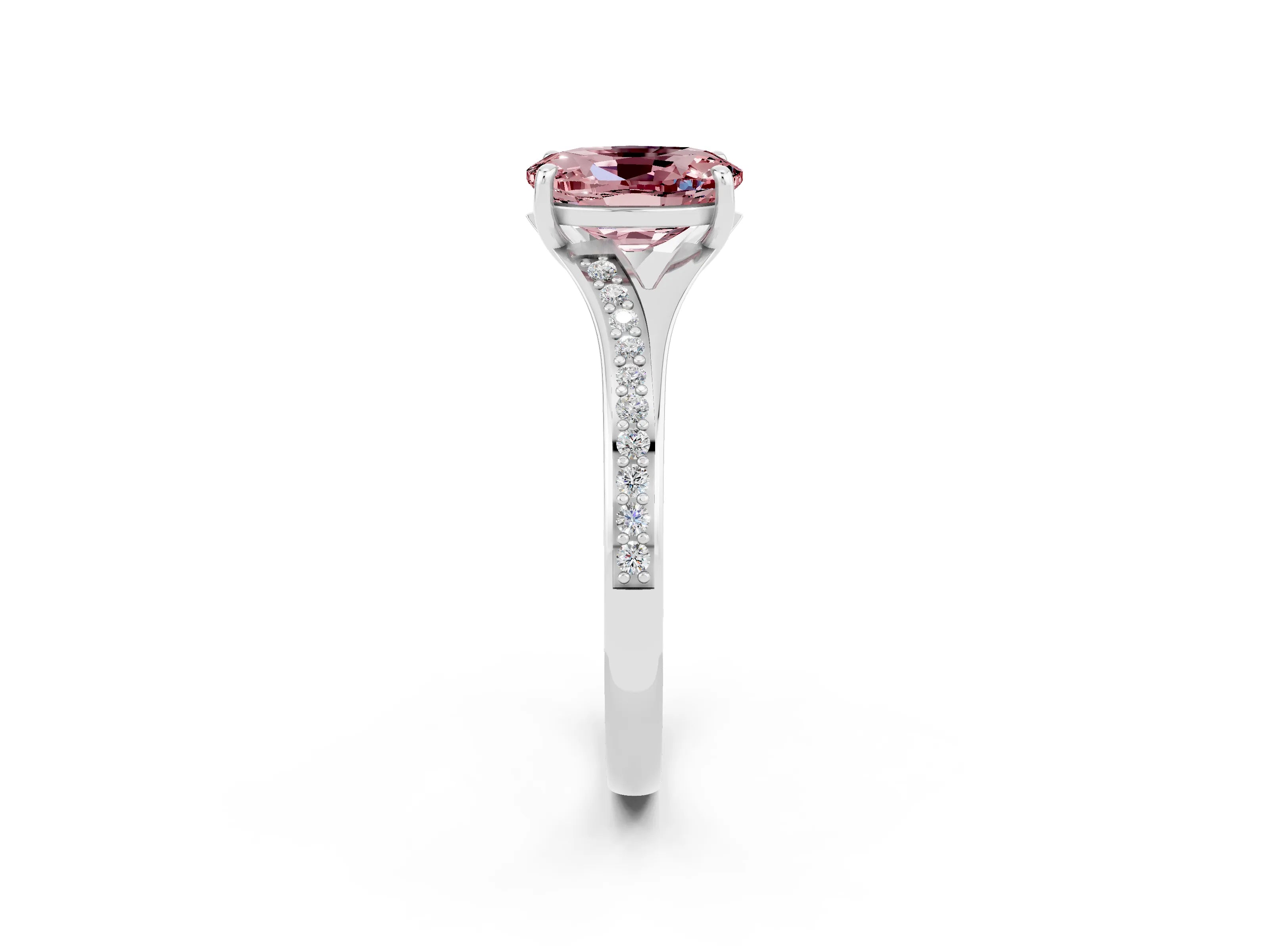 White gold Oval Cut Morganite Solitaire Ring with Pavé Band and Prong Setting_2