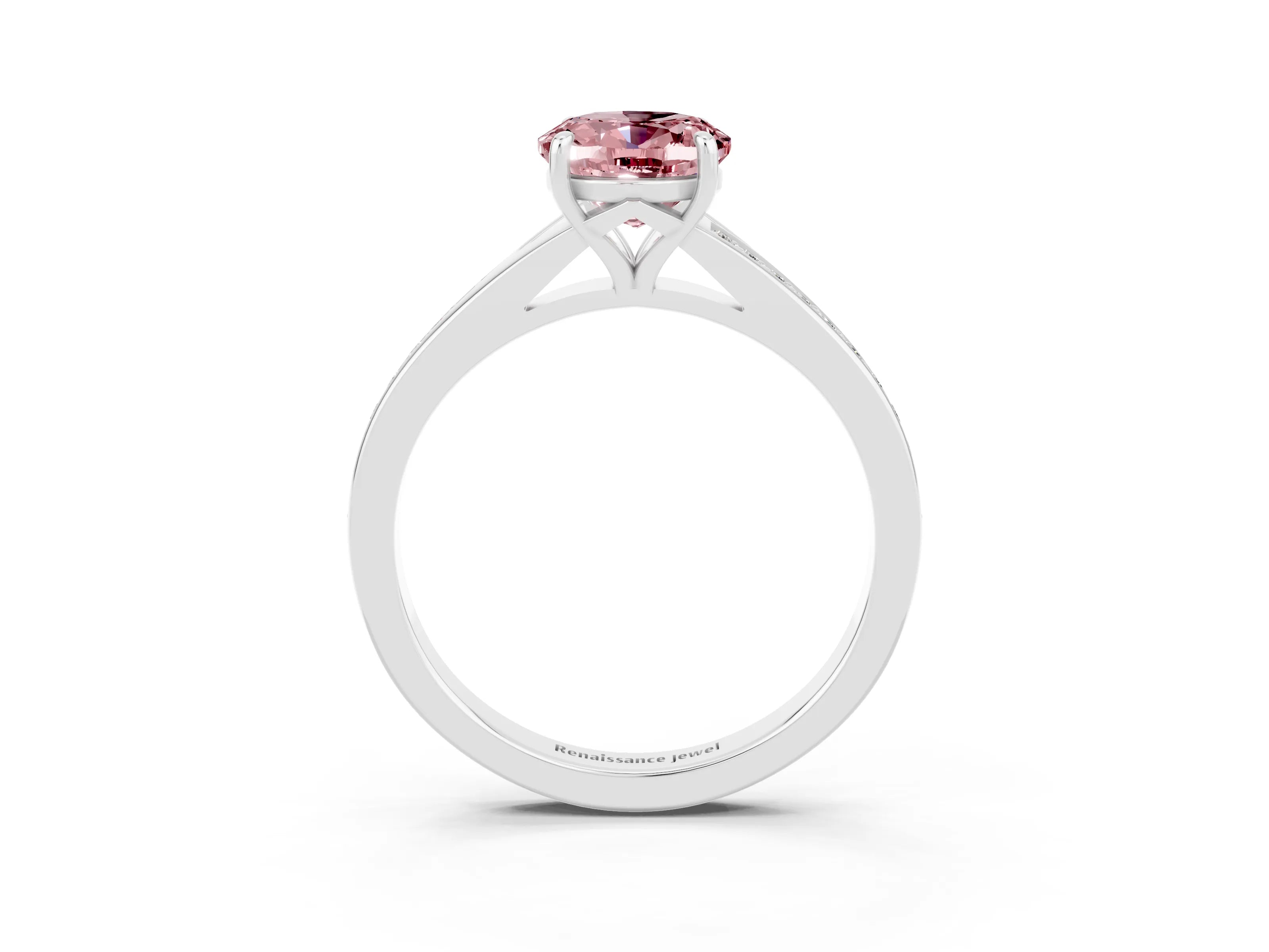 White gold Oval Cut Morganite Solitaire Ring with Pavé Band and Prong Setting_3