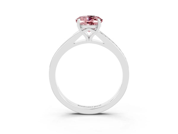 Silver Oval Cut Morganite Solitaire Ring with Pavé Band and Prong Setting