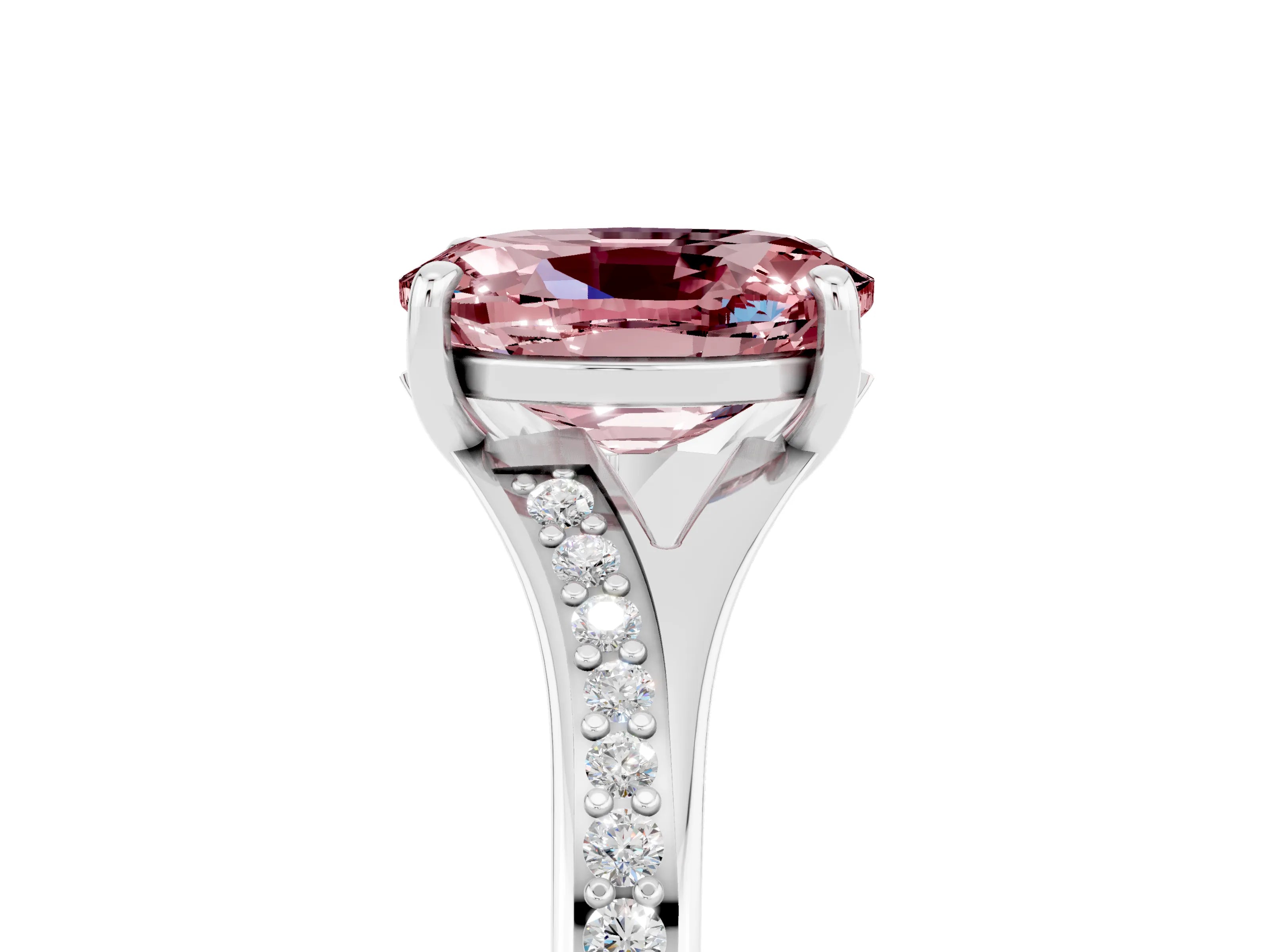 White gold Oval Cut Morganite Solitaire Ring with Pavé Band and Prong Setting_5