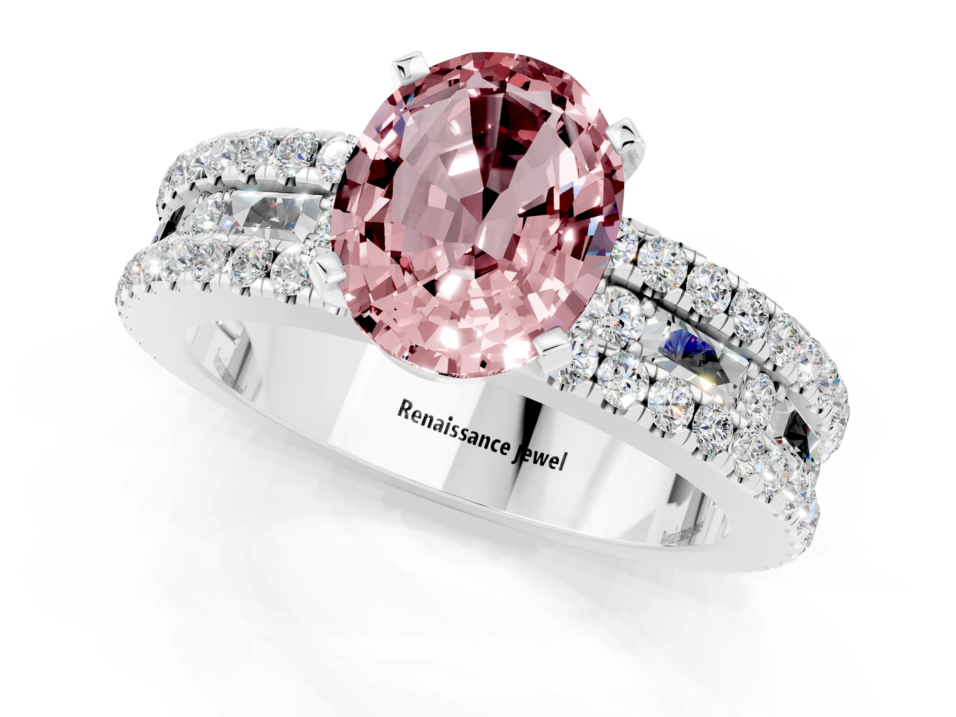 White gold Oval Cut Morganite Solitaire Ring with Pavé and Channel Set Band_1