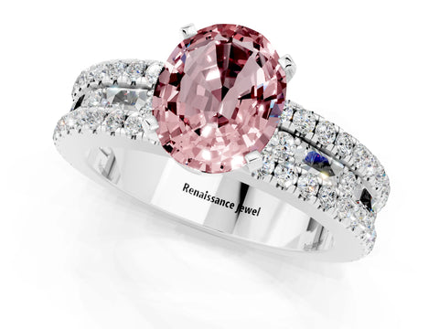 White gold Oval Cut Morganite Solitaire Ring with Pavé and Channel Set Band_1