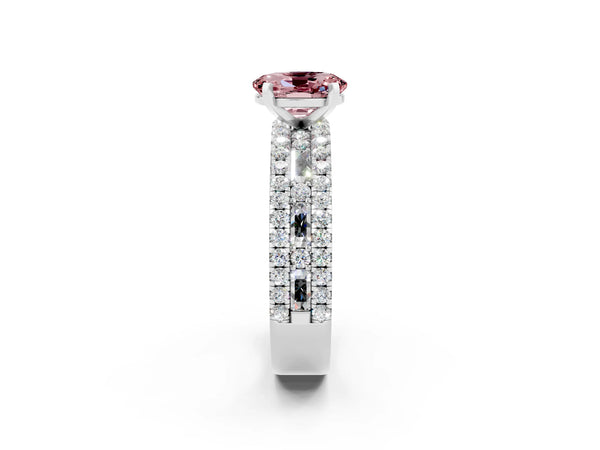 Platinum Oval Cut Morganite Solitaire Ring with Pavé and Channel Set Band
