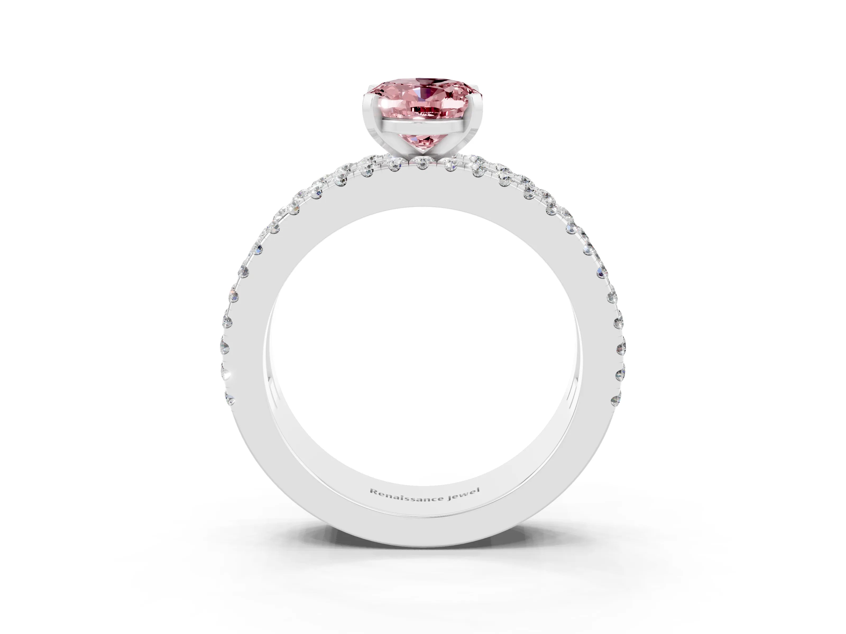White gold Oval Cut Morganite Solitaire Ring with Pavé and Channel Set Band_3