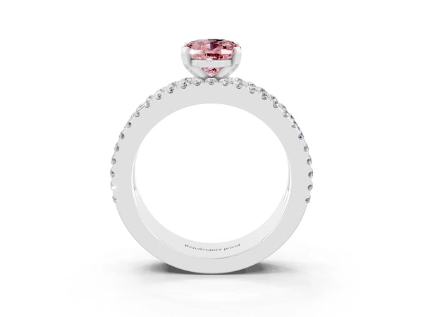 Silver Oval Cut Morganite Solitaire Ring with Pavé and Channel Set Band