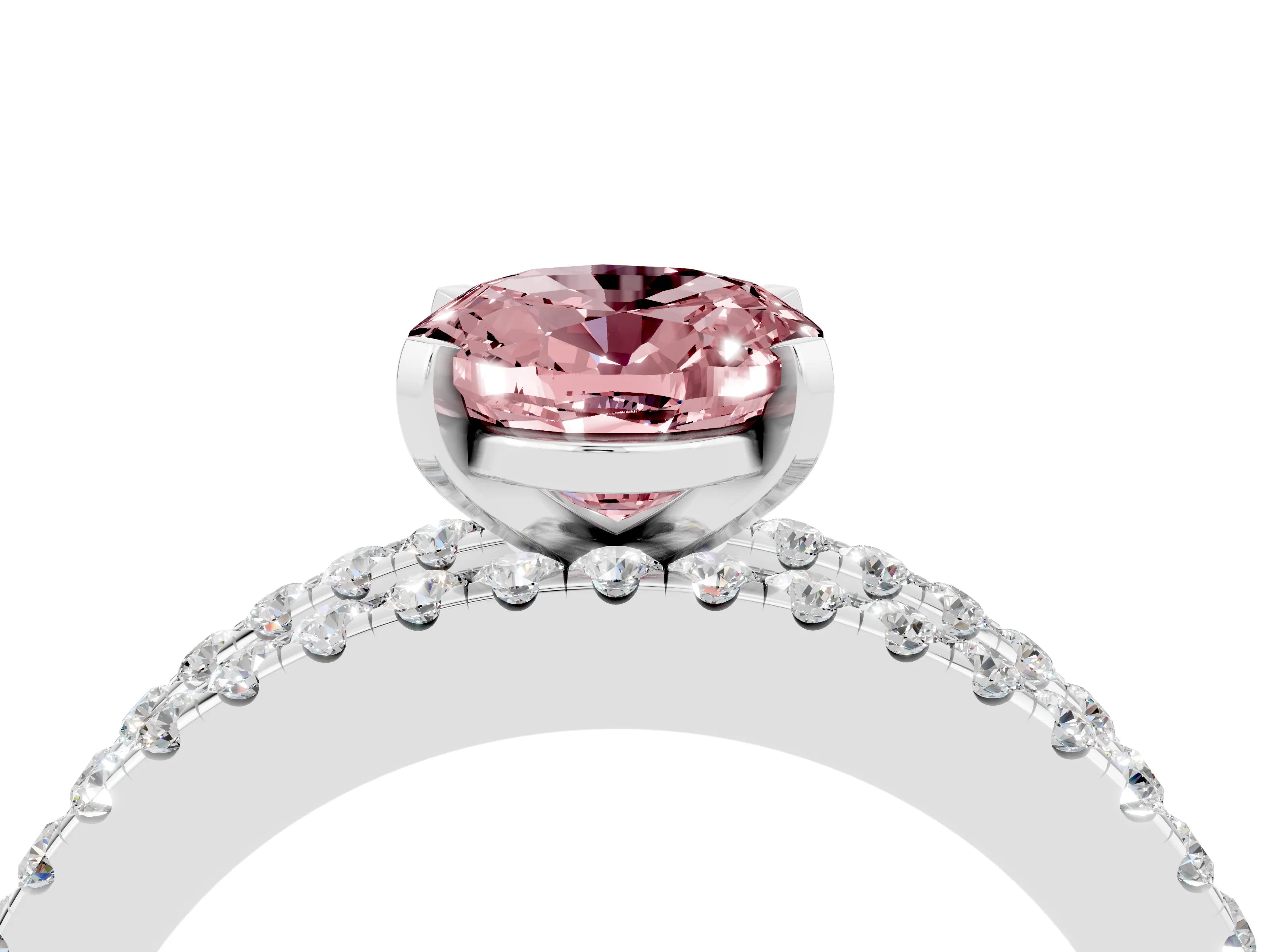 White gold Oval Cut Morganite Solitaire Ring with Pavé and Channel Set Band_4