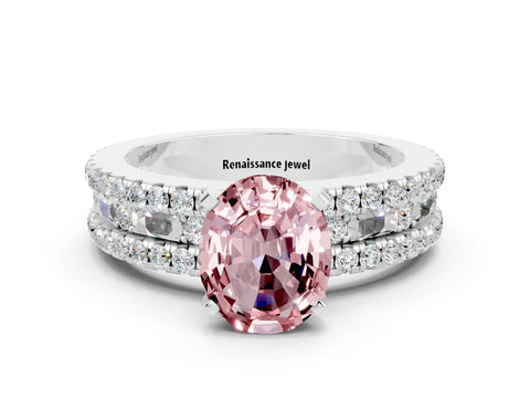 White gold Oval Cut Morganite Solitaire Ring with Pavé and Channel Set Band