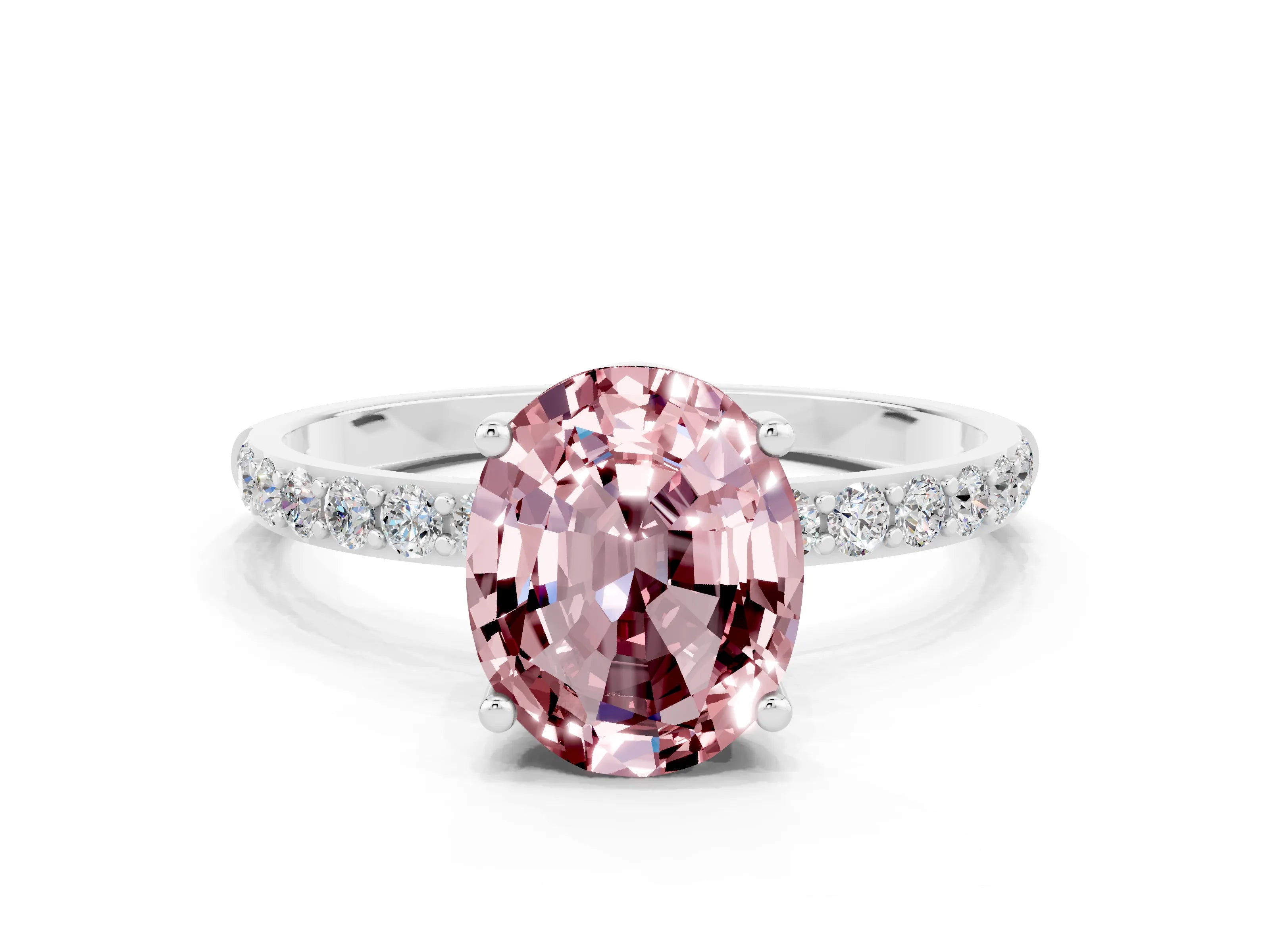 White gold Oval Cut Morganite Solitaire Ring with Pave Band and Four Prong Setting_12