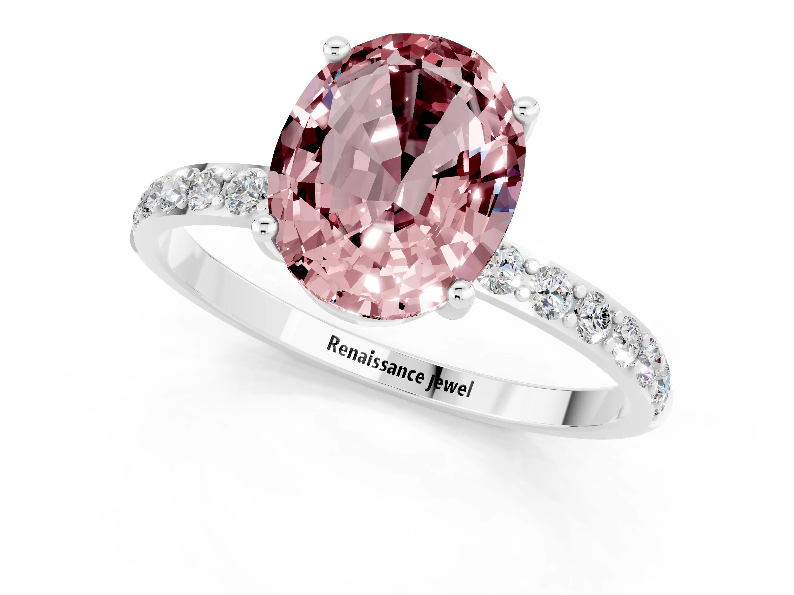 White gold Oval Cut Morganite Solitaire Ring with Pave Band and Four Prong Setting_13