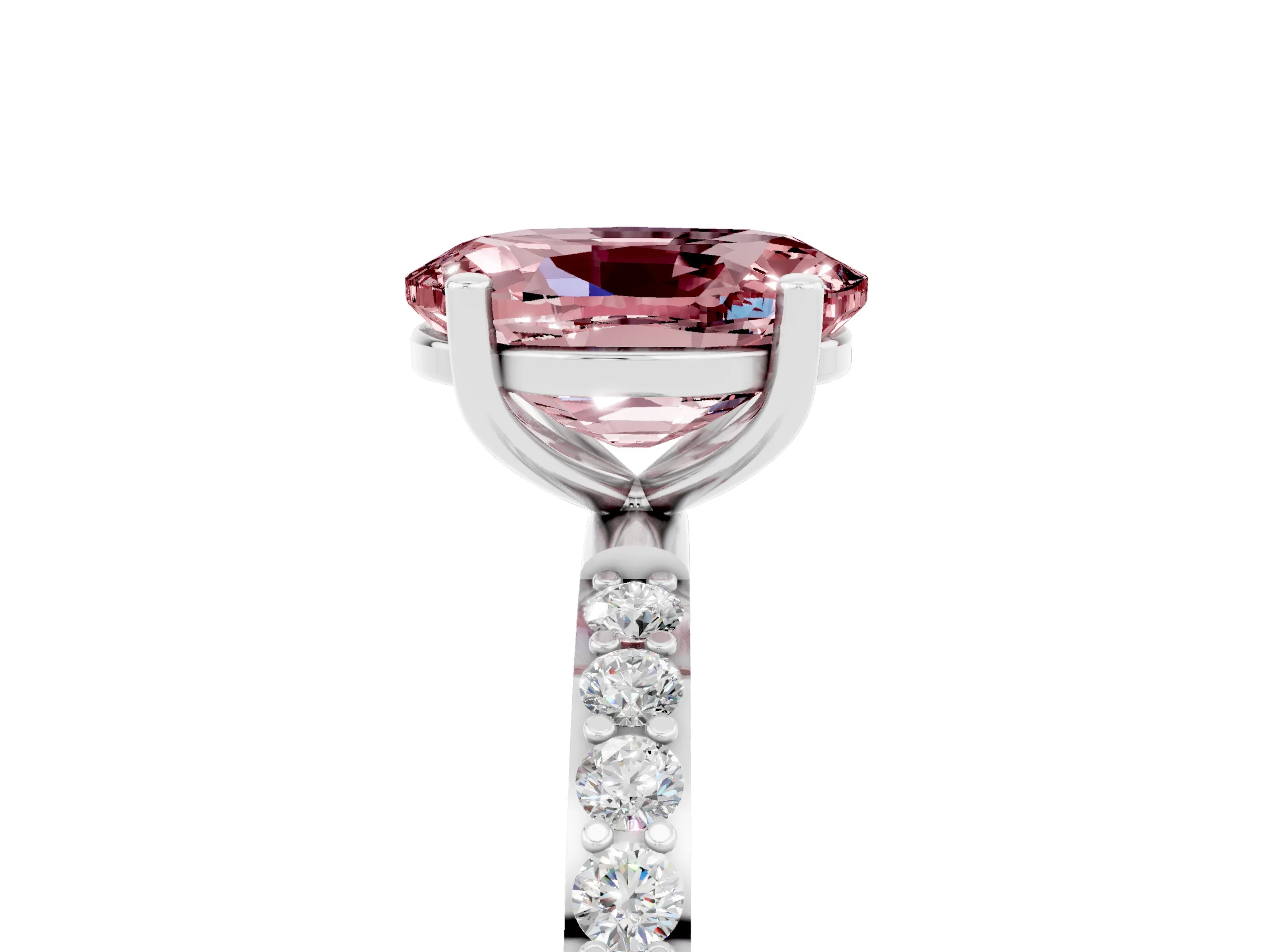 White gold Oval Cut Morganite Solitaire Ring with Pave Band and Four Prong Setting_17